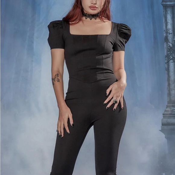 DK Widow Black Corset Lace-up Bell Bottom Jumpsuit Catsuit Romper Playsuit - Picture 3 of 9